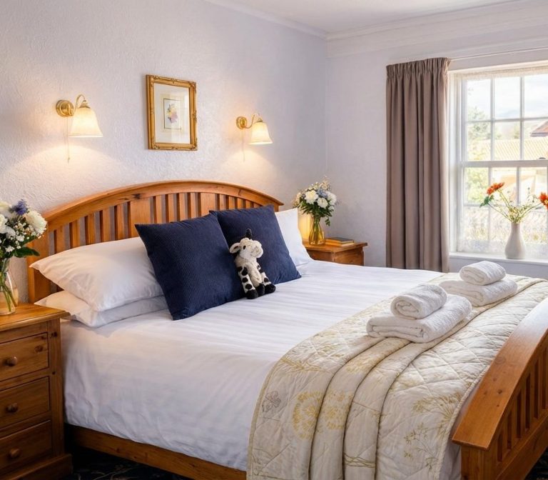 Sleep in comfort Cozy bedroom with a double bed, decorative pillows, and fresh flowers on bedside tables.